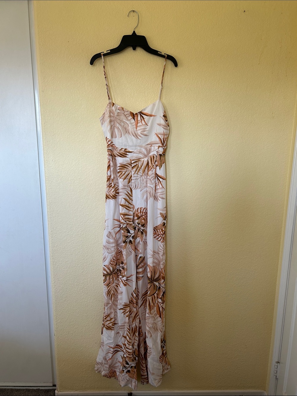 White Maxi Dress with Brown Tropical Leaf Print